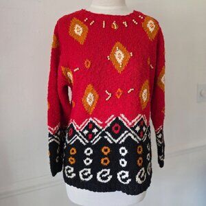 Carole Little Hand Knit Ethnic Geometric Sweater Red Black Orange S